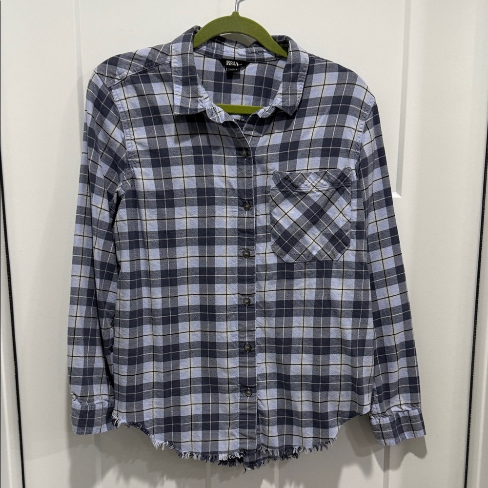 Eddie Bauer frayed bottom plaid blue flannel shirt